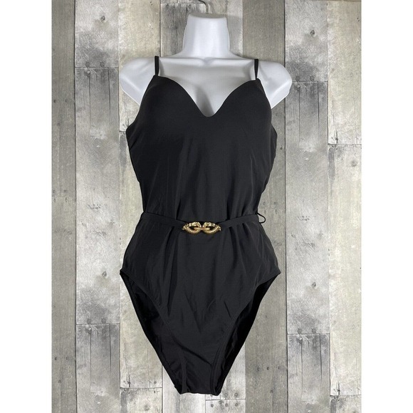 TORY BURCH 'Jessa' Belted One-Piece Swimsuit Black Women's Sz - L (B211) $218
